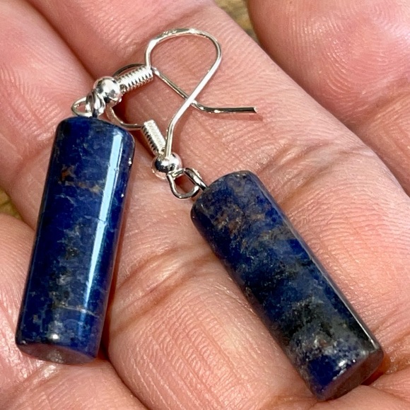 Tubular Deep Navy Sodalite Earrings 1 1/2” - Picture 2 of 10
